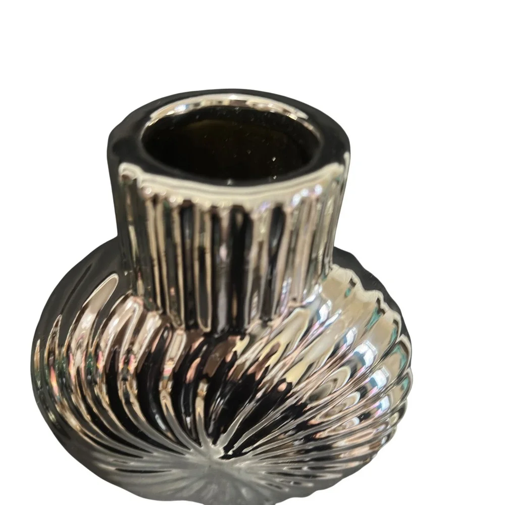 Sculptural Decorative Vase Modern Chrome Silver Swirl Ribbed Ceramic 9.5 Inch